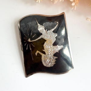 Mekkala, Goddess of Lightening Figural Curved Rectangular Siam Sterling Silver 925 Vintage Thai Made Nielloware Brooch Pin