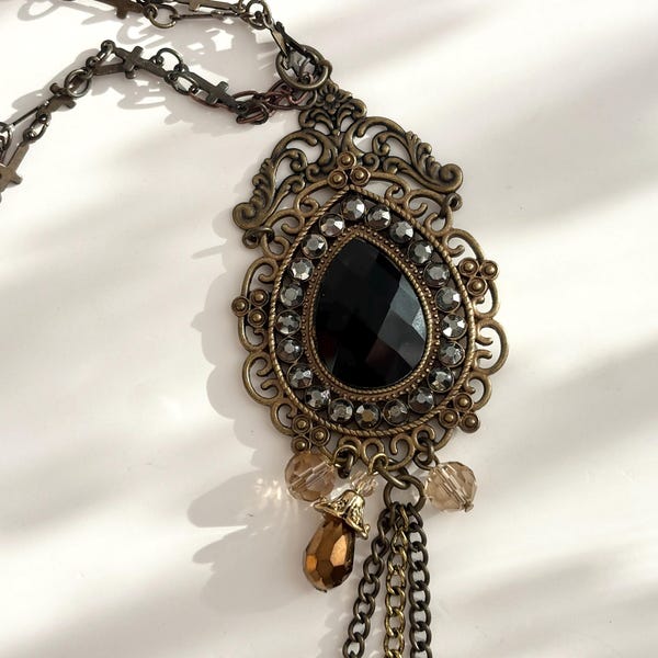 Victorian Inspired Teardrop Shaped Bronzed Faux Filigree Ornate Costume Jewelry Pendant Necklace - 18"