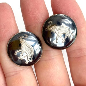 Boutons de manchette vintage en émail nielloware éléphant du Siam Sterling poli ronds fabriqués en Thaïlande