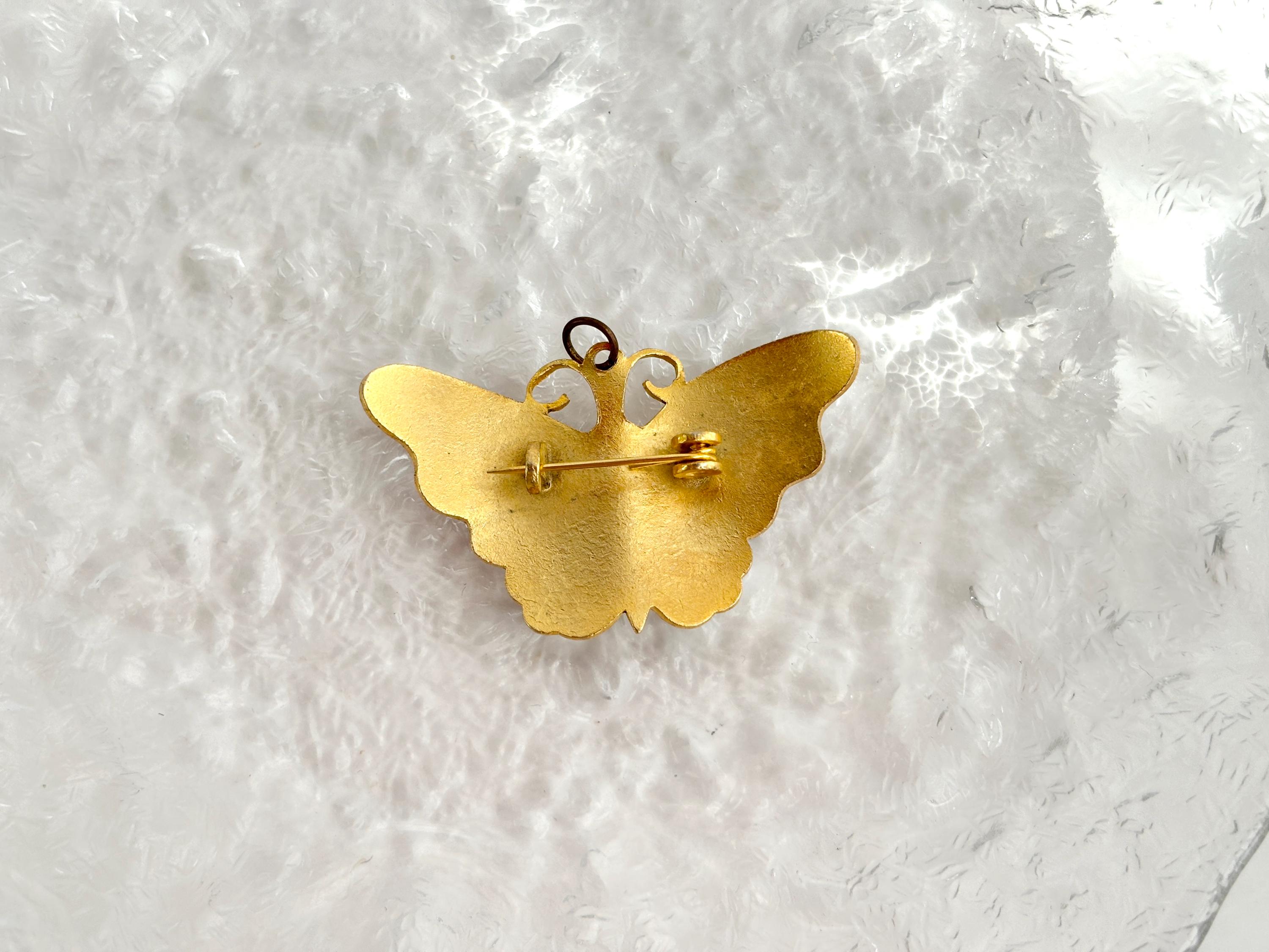 Broche Vintage Papillon En Or - Émail Cloisonné Blanc Et Rouge - Modèle 2717, état Impeccable