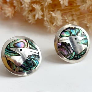 Abalone Gazelle Figural Modernist Taxco Sterling Silver Mexican Made Southwest Style Screw Back Stud Earrings