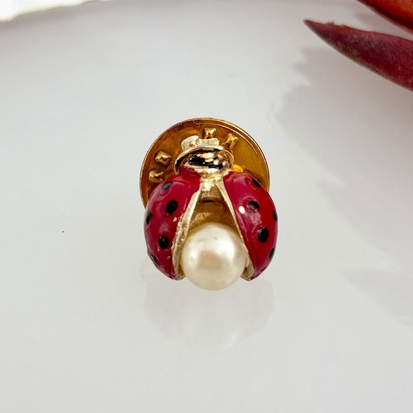 Vintage Gold & Red Pinch Back Pearl Lady Bug Pin