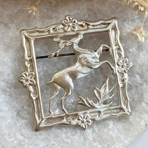 Lang Sterling Ornate Framed Deer | Stag Figural Vintage Brooch Lapel Pin