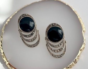 Vintage Macasite Sterling Silver 3 Tiered Onyx Colored Art Nouveau Statement Earrings