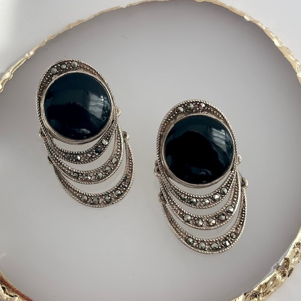 Vintage Macasite Sterling Silver 3 Tiered Onyx Colored Art Nouveau Statement Earrings