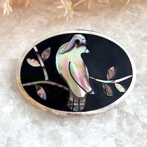 Bird Figural Handmade Taxco Mexican Made Oval Shaped Mexican Made Abalone Shell & Onyx Inlay Vintage Sterling Silver Brooch