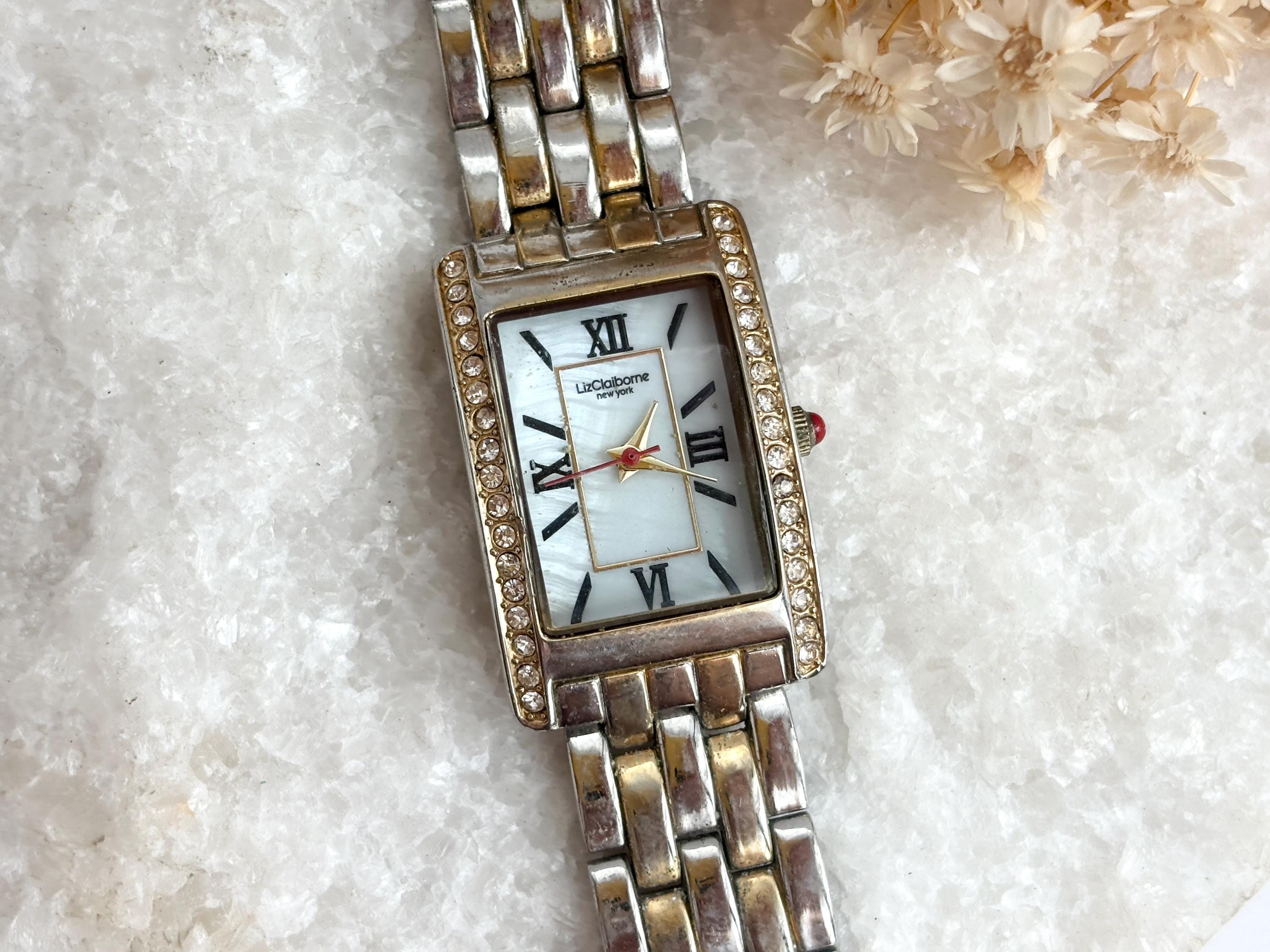 Liz Clairborne Silver Toned LIZ32SG Rhinestone Framed Quartz