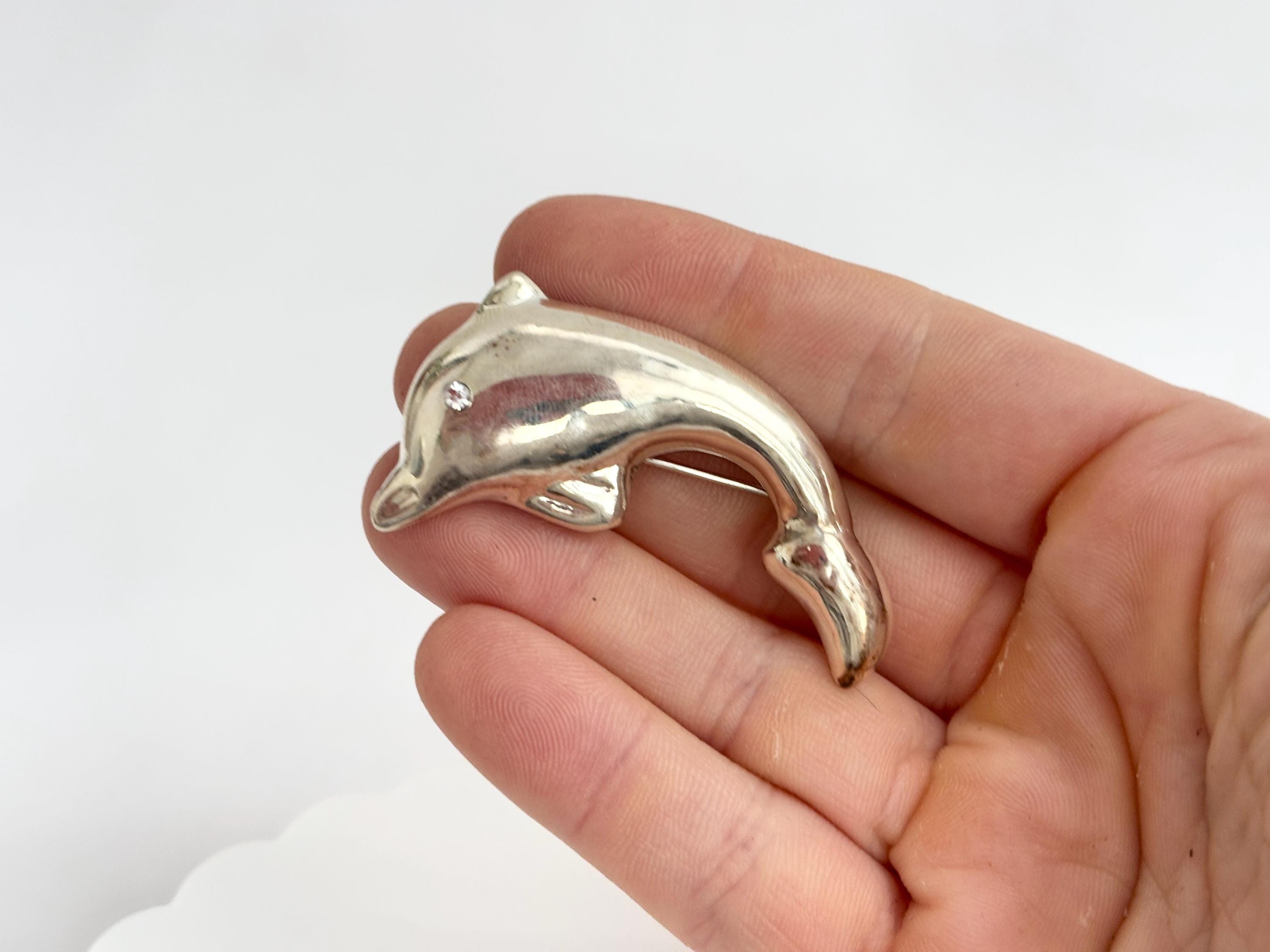 Sterling Polished Silver Dolphin Shaped Large 3 Dimensional