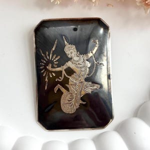 Mekkala, Goddess of Lightening Figure Rectangular Siam Sterling Silver 925 Vintage Thai Made Nielloware Brooch Pin