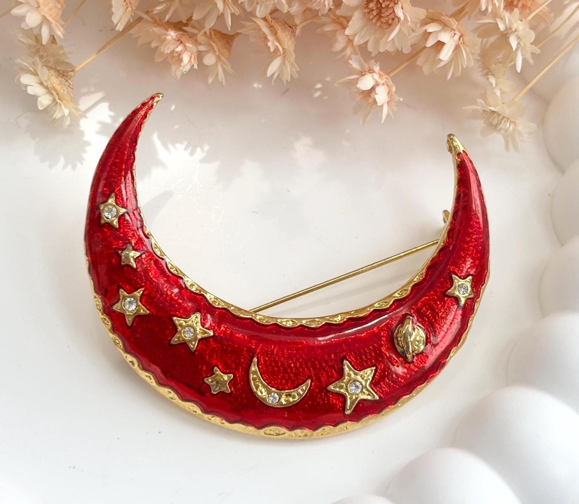 Crescent Moon Red Enameld Moon & Stars Vintage Extra Large Celestial Gold Toned Brooch Pin