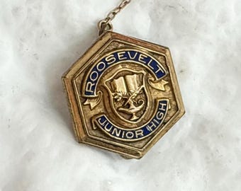 Roosevelt Junior High School Octagonal Enameled Vintage Gold Toned Lapel Pin | Tie Tack | Tie Pin