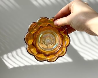 Vintage Amber Hand Blown Glass Scalloped Edge Catchall Bowl