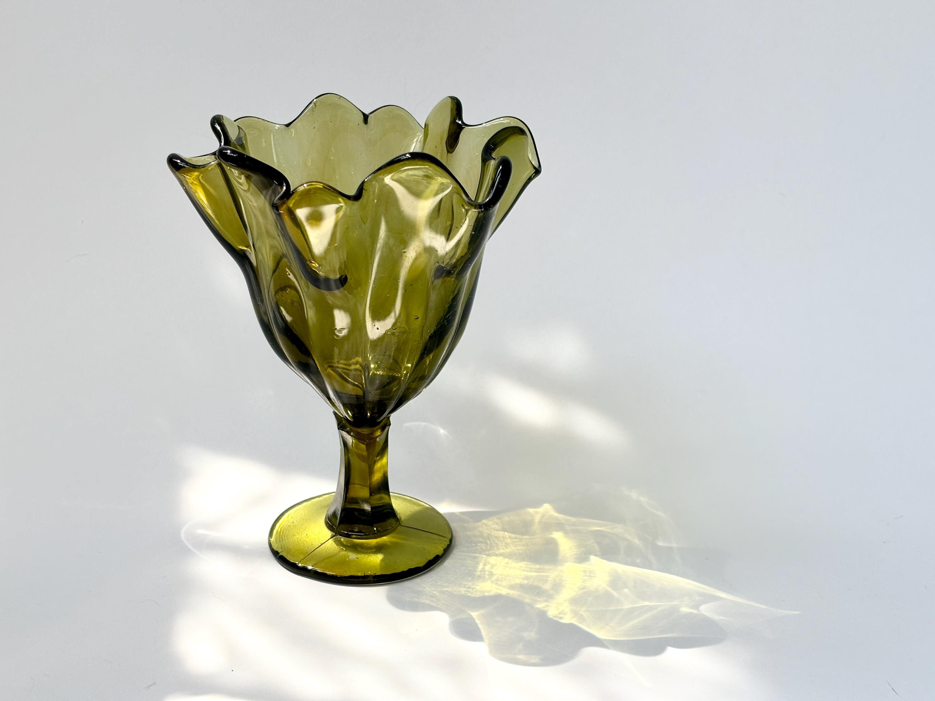 Midcentury Modern Avocado Green Ruffled Footed Blown Glass Pedestal Compote Candy Dish | Bowl