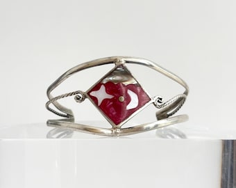 Moon & Stars Alpaca Mexican Made Silver Plated Floral Pink Abalone Inlaid Open Cuff Vintage Southwest Style Bracelet | Bangle
