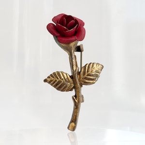Red Rosebud Vintage Gold Stem Toned Floral Textured Lovely Brooch Pin