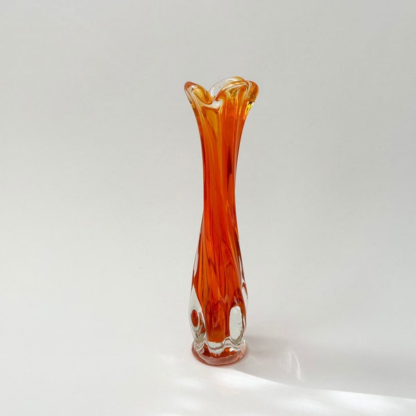 MCM Orange Vintage Glass Hand Blown Swirled Swung Vase