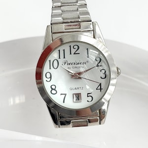 Precision By Gruen Round Silver Toned Bezel Quartz Movement Vintage Watch w/ a Stretch Bracelet Watch - WORKS! - GP421L - 24mm