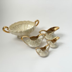 Iridescent Pearl 22k Gold Trimed Lustware Vintage Console Bowl + 4 creamer and sugar Bowls