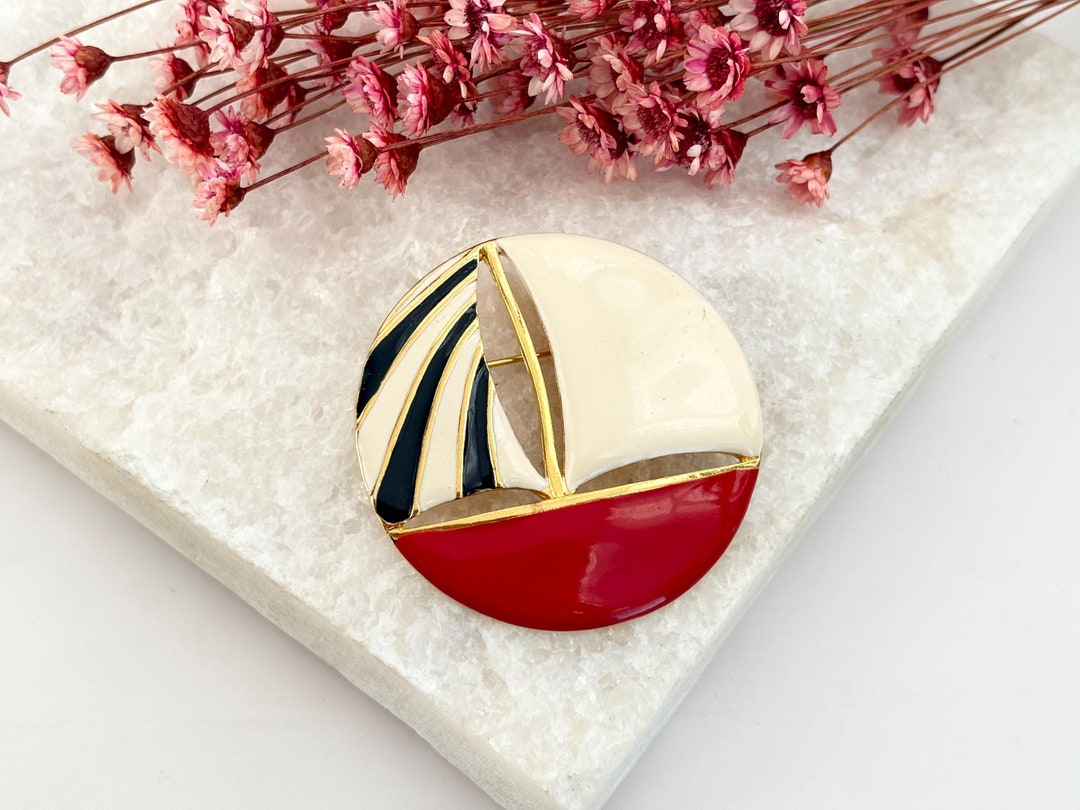Vintage Textured Gold Toned Red & White Enamel Large Circular Sail Boat ...
