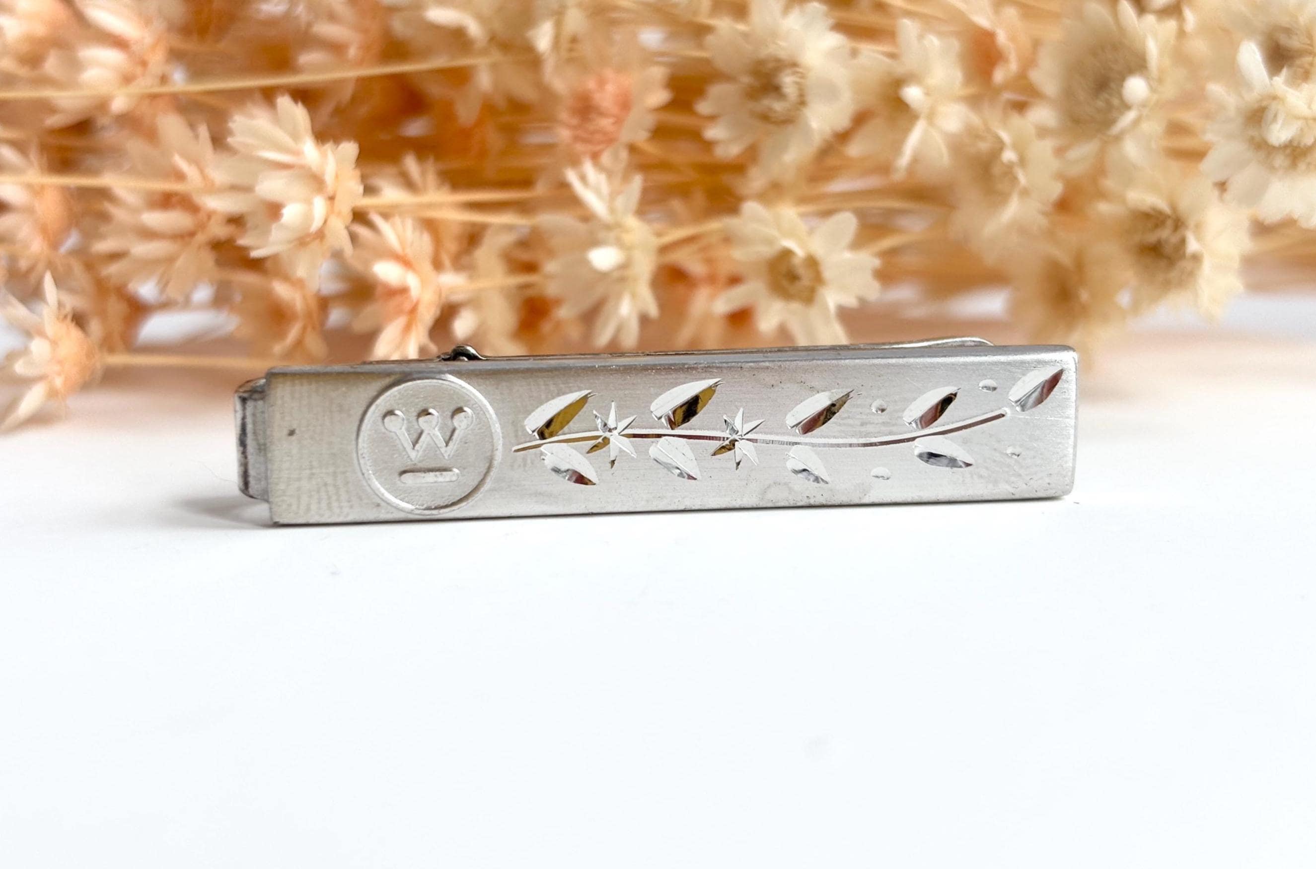 Anson Westinghouse Art Deco Floral Carved Wide Sterling Silver Vintage Tie Bar Clip