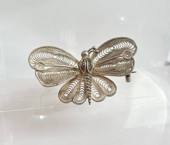 Vintage Silver Filigree Butterfly Brooche Pin - image 1