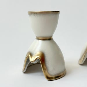Keramos Wein Austrian Made Art Deco Ceramic Handmade Cream & Gold Lined Set of 2 Candlestick Holders