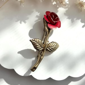 Red Rosebud Vintage Gold Stem Toned Floral Textured Lovely Brooch Pin