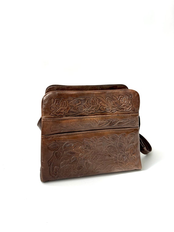 Mexican Made Hand Tooled 1970's Brown Leather Pur… - image 4