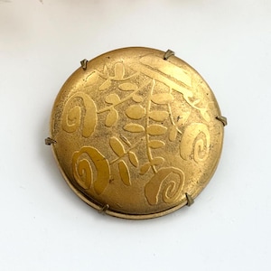 Floral Gold Toned Textured and Carved Circular Large Vintage Avant Garde Brooch Pin
