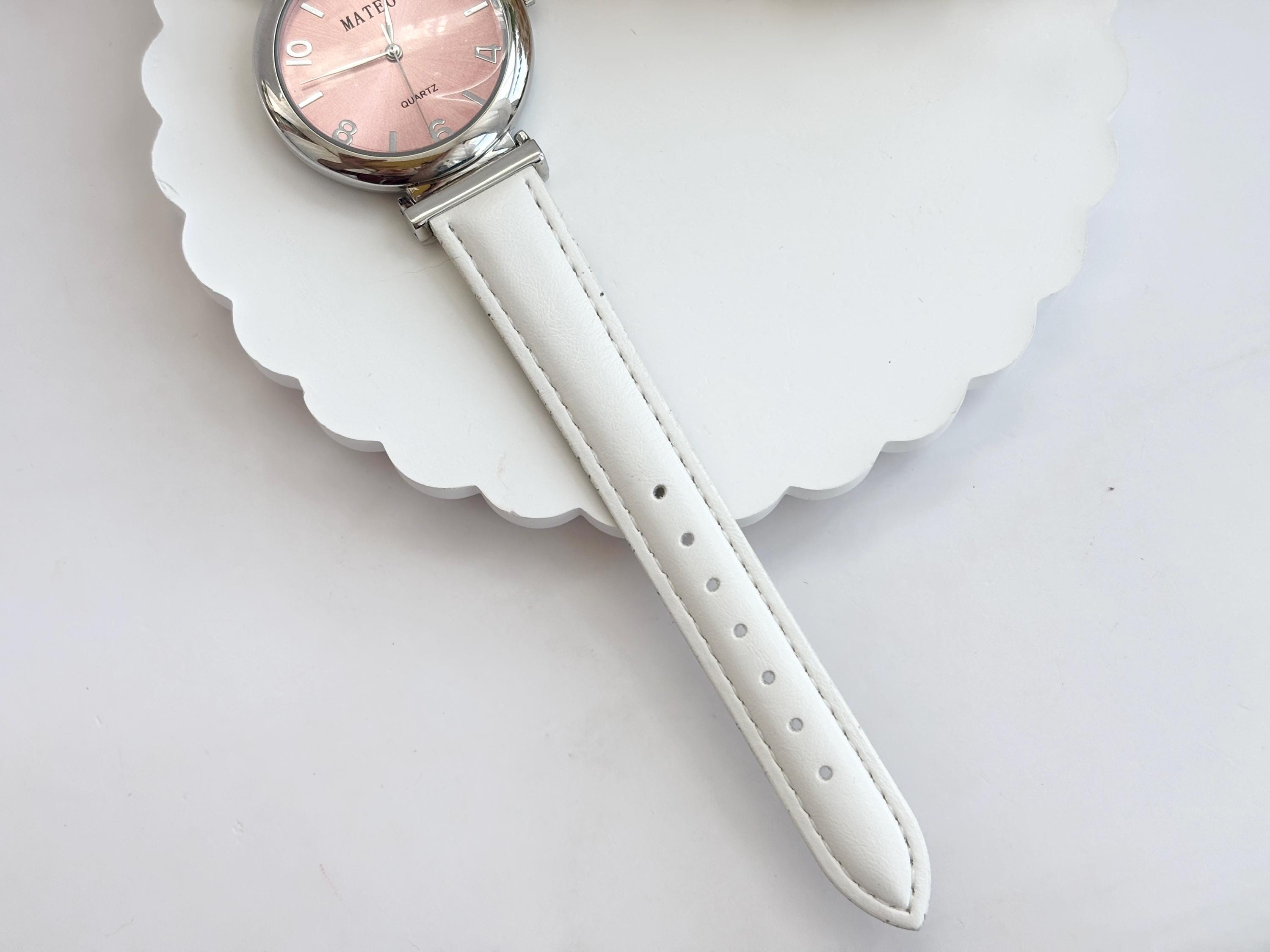 Mateo White Faux Leather Round Bezel Pink Dial Quartz Silver  display picture 3