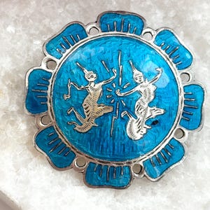 Mekkala Goddess & Ramasoon Blue Enamel Siam Sterling Silver 925 round Shaped Vintage Ornate Thai Made Nielloware Brooch Pin