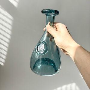 Holmegaard Elsimore Danish Made Clear Blue Glass Embossed King Medallion Vintage Scandanavian Carafe | Pitcher | Decanter | Ole Winther