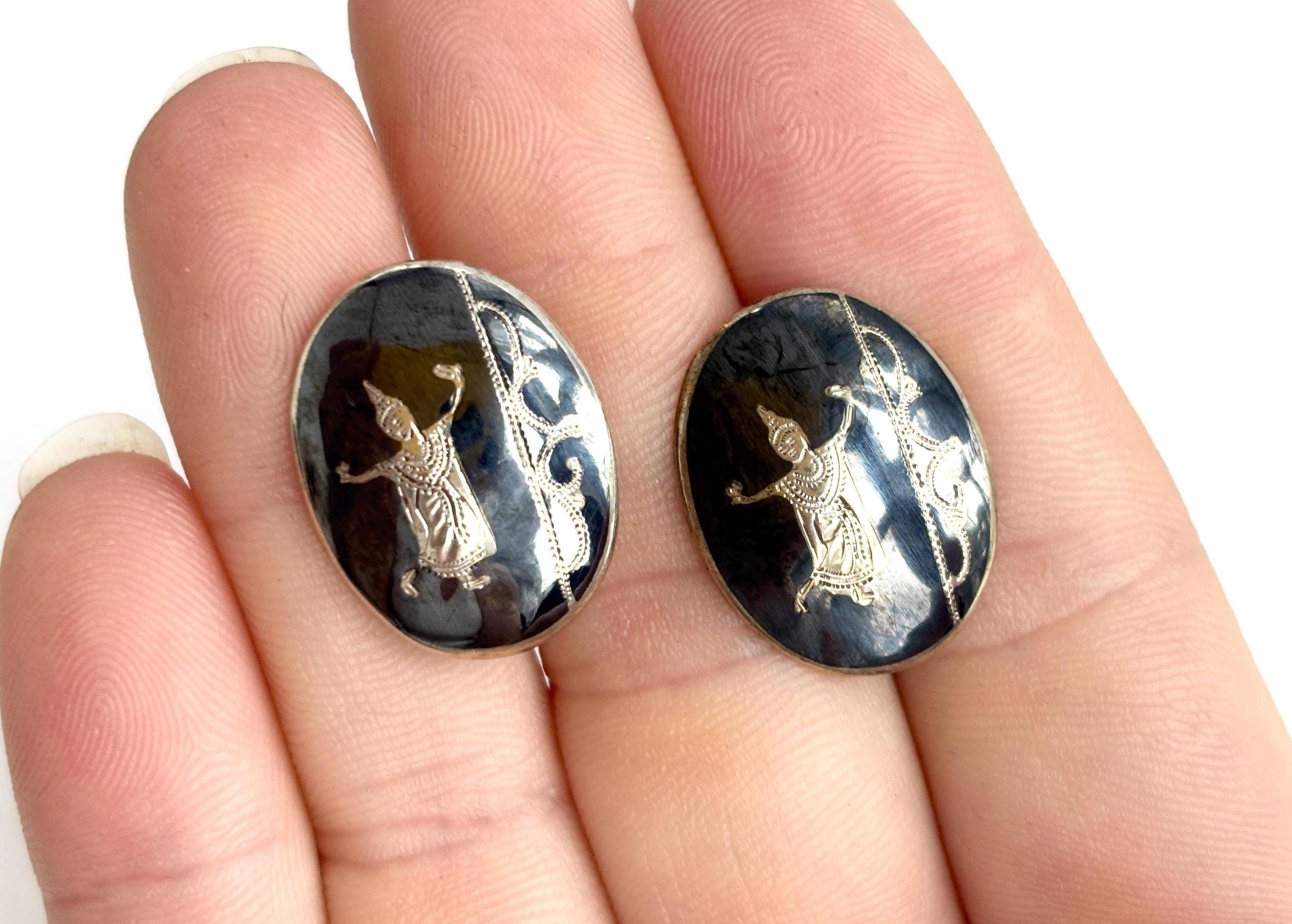 アクセサリー Alicia-shiva Siam Sterling Dancing Angel Oval Nielloware Enamel Vintage