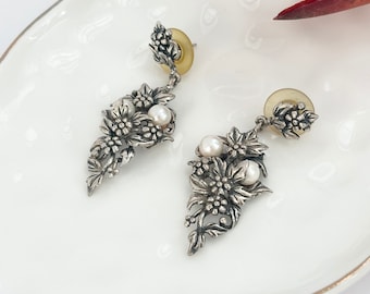 Art Nouveau Floral Leaf & Pearl Vintage Dangle Silver Earrings