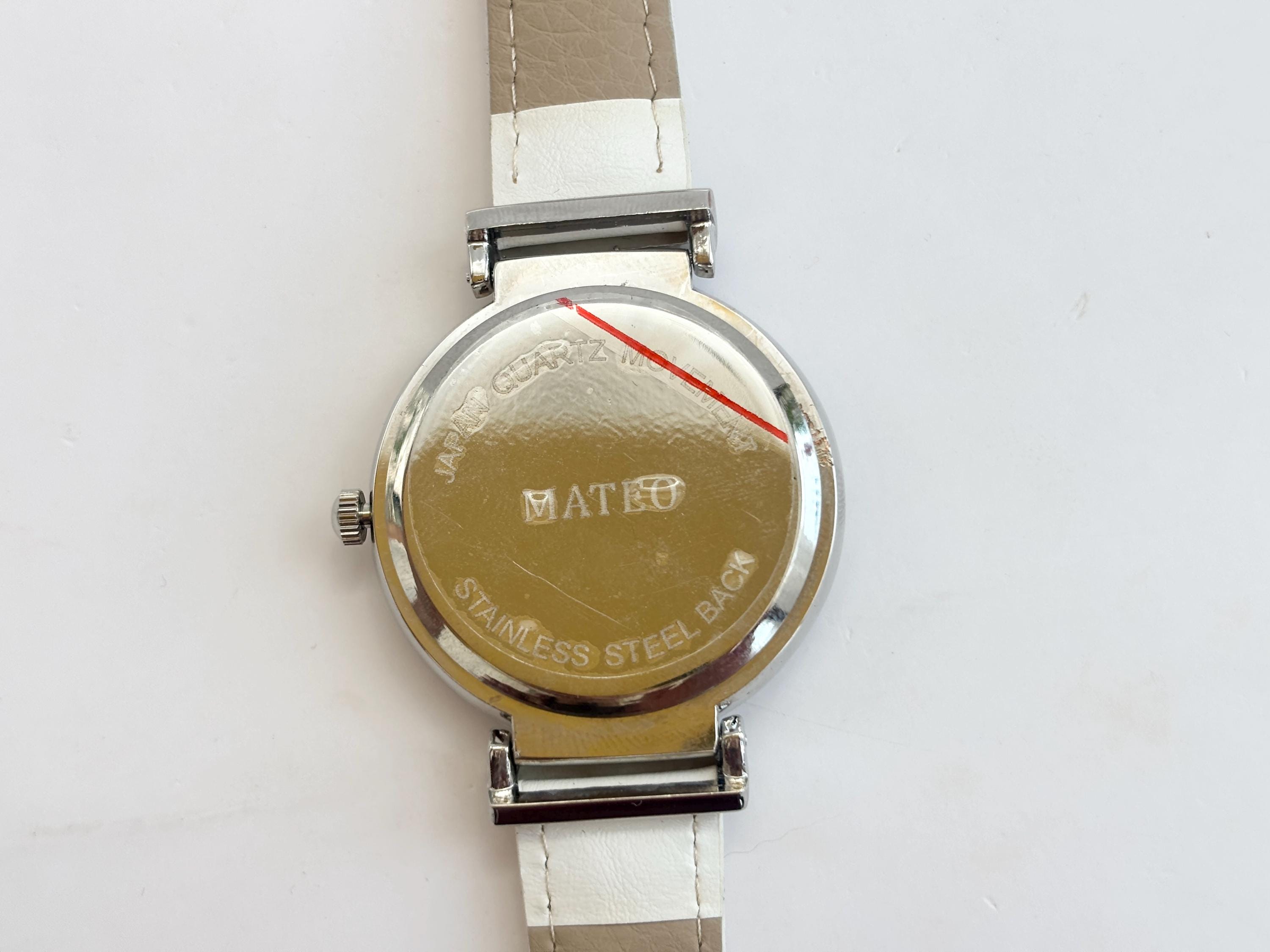 Mateo White Faux Leather Round Bezel Pink Dial Quartz Silver 