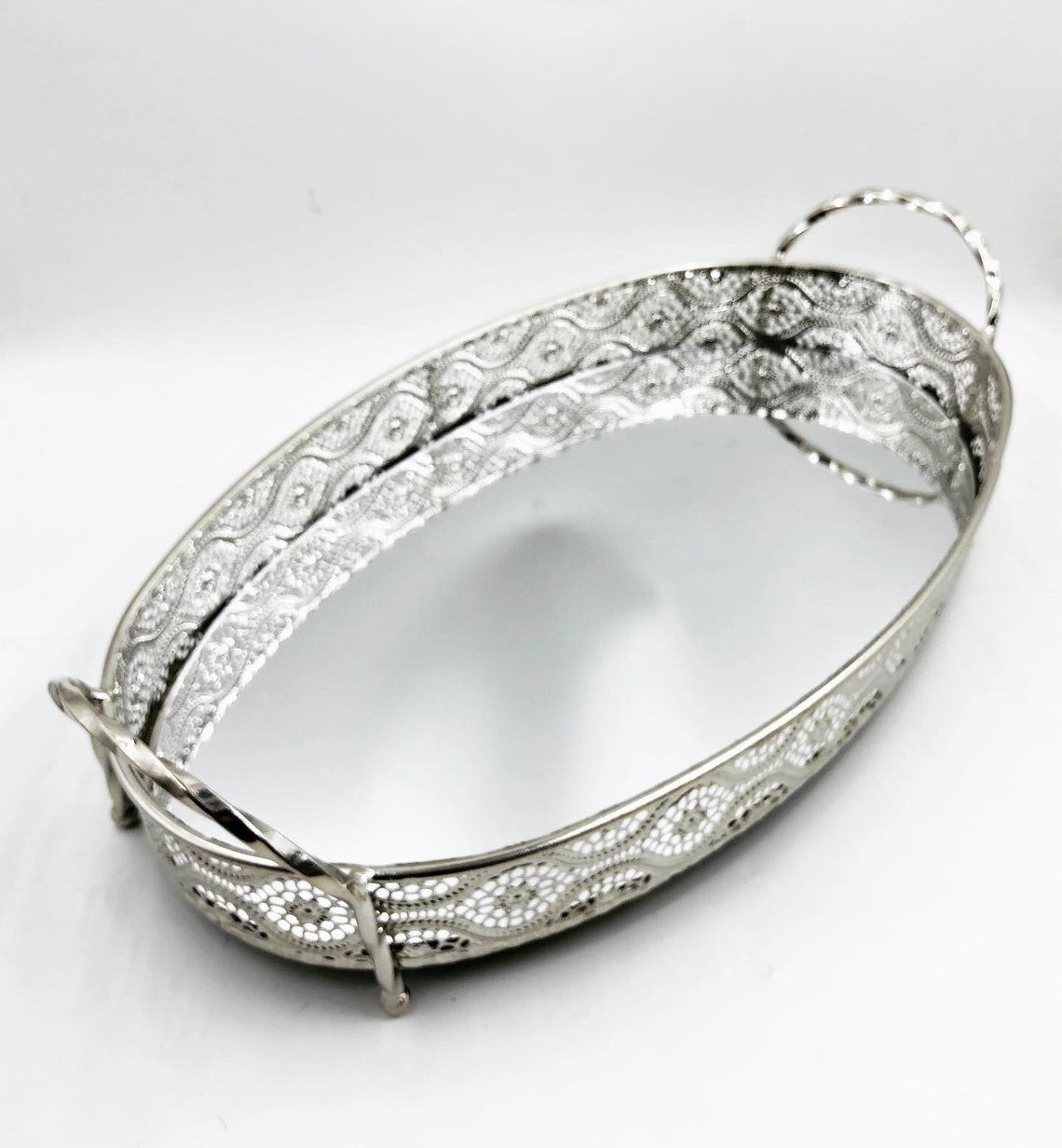 Large Silver Oval Mirror Display Trinket Tray Candle Plate 43 Etsy