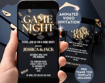 Digital Game Night Invitation For Adult's, Electronic Modern Casino Party Invite, Adult Game Night, Smartphone Animated Video Evite Template