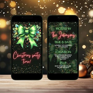 Digitale Weihnachtsfeier-Einladung für Erwachsene, elektronische moderne grüne und rote Weihnachtseinladung, bearbeitbare festliche Feiertagsfeier Smartphone Evite