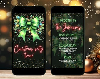 May include: A digital invitation for a Christmas party hosted by The Johnsons. The invitation features a green bow with red and white lights, a dark green background with gold glitter, and the text "Christmas party Time!" in pink neon. The invitation also includes the date, time, location, and RSVP information.