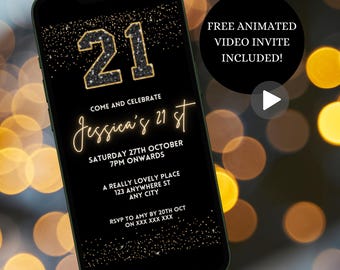 Digital 21st Birthday Party Invitation For Her, Electronic Black And Gold Twenty First Party Invite, Instant Download Mobile Phone Evite