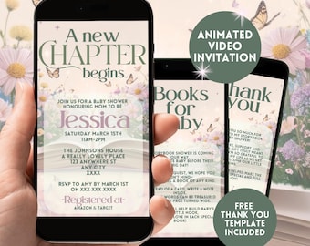 A New Chapter Begins Baby Shower Invitation,Floral Storybook Baby Shower Digital Invite,Animated Video Book Shower Smartphone Evite Template