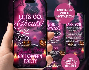 May include: A digital Halloween party invitation on a smartphone screen. The design features a spooky pink and purple background with bats, candles, and jack-o'-lanterns. Text includes "Lets Go, Ghouls!" and "Halloween Party."