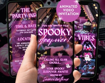 May include: Three smartphones displaying a Halloween-themed animated video invitation. The central phone shows "SPOOKY sleepover!" in purple script. Other phones show party details. A hand holds the phones against a dark background with Halloween decorations.