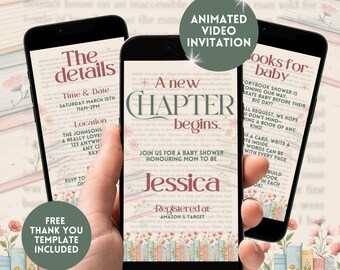 A New Chapter Begins Baby Shower Invitation,Floral Storybook Baby Shower Digital Invite,Animated Video Book Shower Smartphone Evite Template
