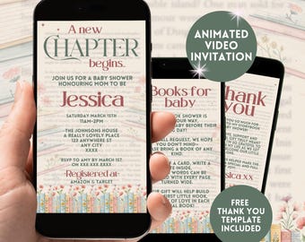 A New Chapter Begins Baby Shower Invitation,Floral Storybook Baby Shower Digital Invite,Animated Video Book Shower Smartphone Evite Template