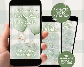 Invitación de primer cumpleaños de One Silly Goose, invitación digital animada de primer cumpleaños de género neutro, invitación editable de vichy verde salvia para primer cumpleaños de Evite