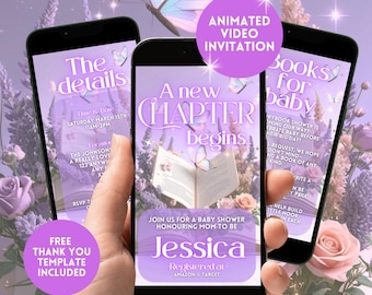 A New Chapter Begins Baby Shower Invitation,Floral Storybook Baby Shower Digital Invite,Animated Video Book Shower Smartphone Evite Template
