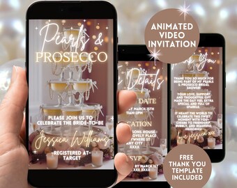 Könnte beinhalten: Animierte Videoeinladung zu einem Bridal Shower mit dem Text "Pearls & Prosecco" und einem Champagnerturm, der mit Perlen verziert ist. Die Einladung enthält den Namen der Braut, Jessica Williams, sowie Datum und Ort der Veranstaltung. Eine kostenlose Dankeskarte ist ebenfalls enthalten.
