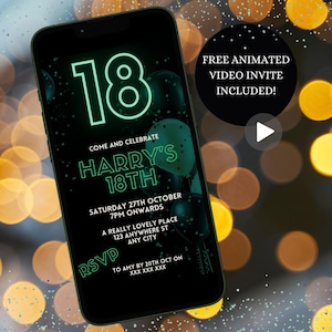 Faire-part d'anniversaire numérique 18e pour lui, néon noir et vert du dix-huitième ou de tout âge, modèle d'évitement de téléphone portable à téléchargement immédiat