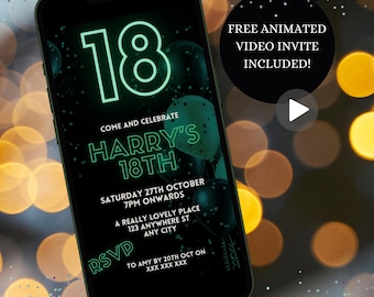 Digital 18th Birthday Invitation For Him, Neon Black And Green Eighteenth or Any Age Invite, Instant Download Mobile Phone Evite Template